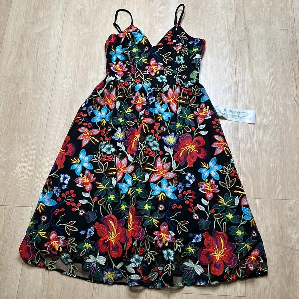 DRESS THE POPULATION FLOWER BLACK MULTI MAREN DRESS SIZE MEDIUM NEW_4